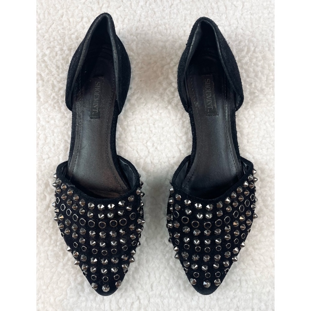SHOEMINT • Cameron Black Suede Studded Pointed-Toe Flats, 7 - Picture 3 of 16